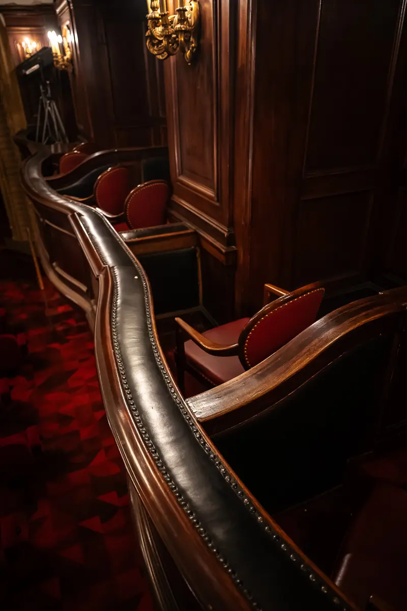 Elegant Dark Red Leather Theater Chairs in Ornate Wooden Interior