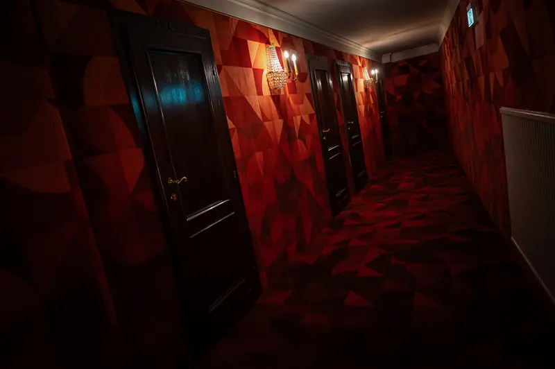 Dimly Lit Hallway with Dark Wooden Doors in Red Tones