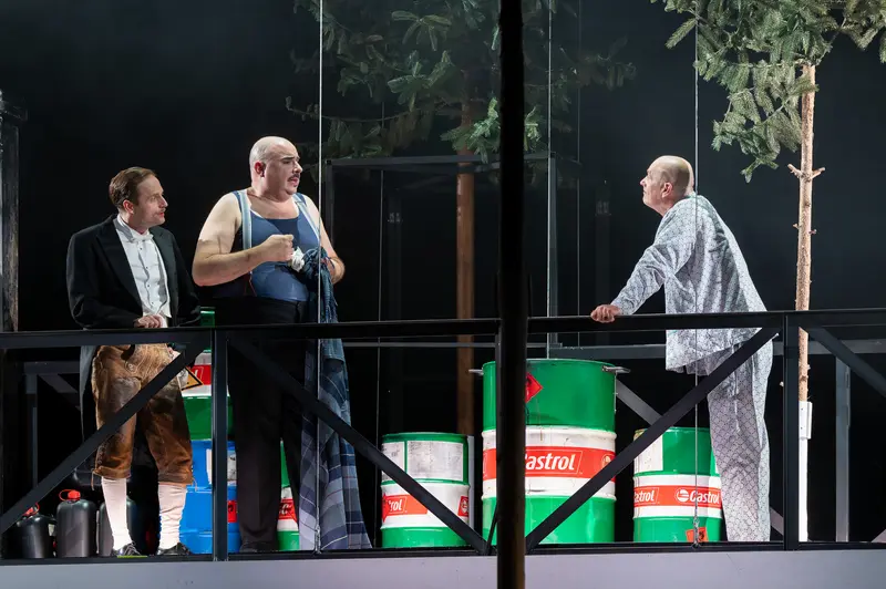 Biedermann und die Brandstifter Theater Production with Industrial Oil Drums at Theater der Josefstadt