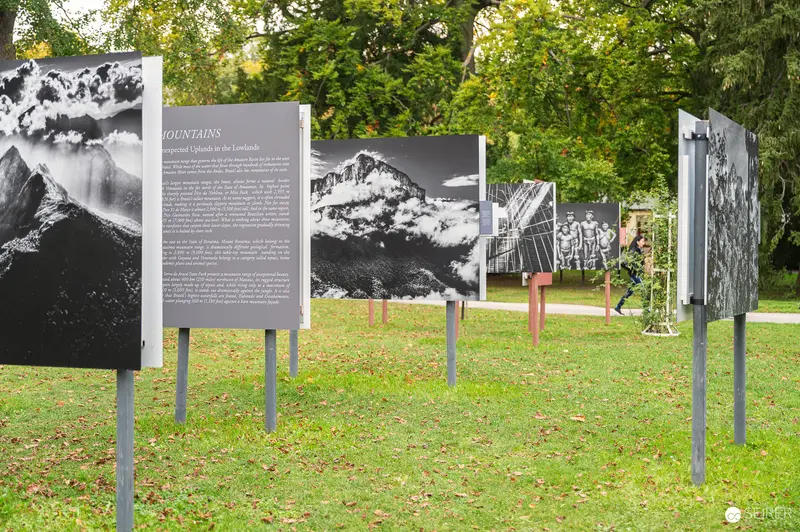Outdoor Mountain Photography Exhibition with Black and White Landscape Panels