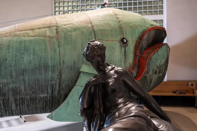 Bronze Statue Before Poldi Whale Sculpture at Wien Museum Restoration Days 2024