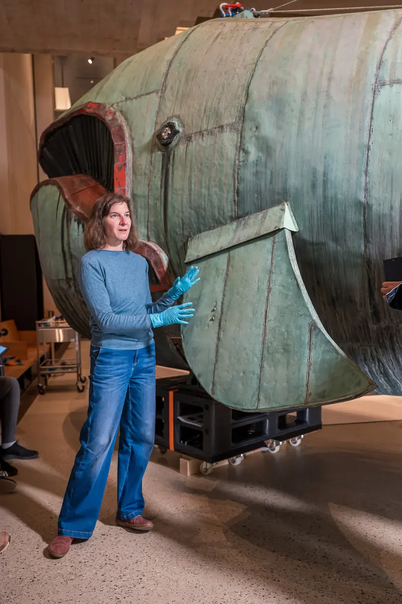 Conservator Restoring "Poldi" Whale Sculpture at Wien Museum 2024
