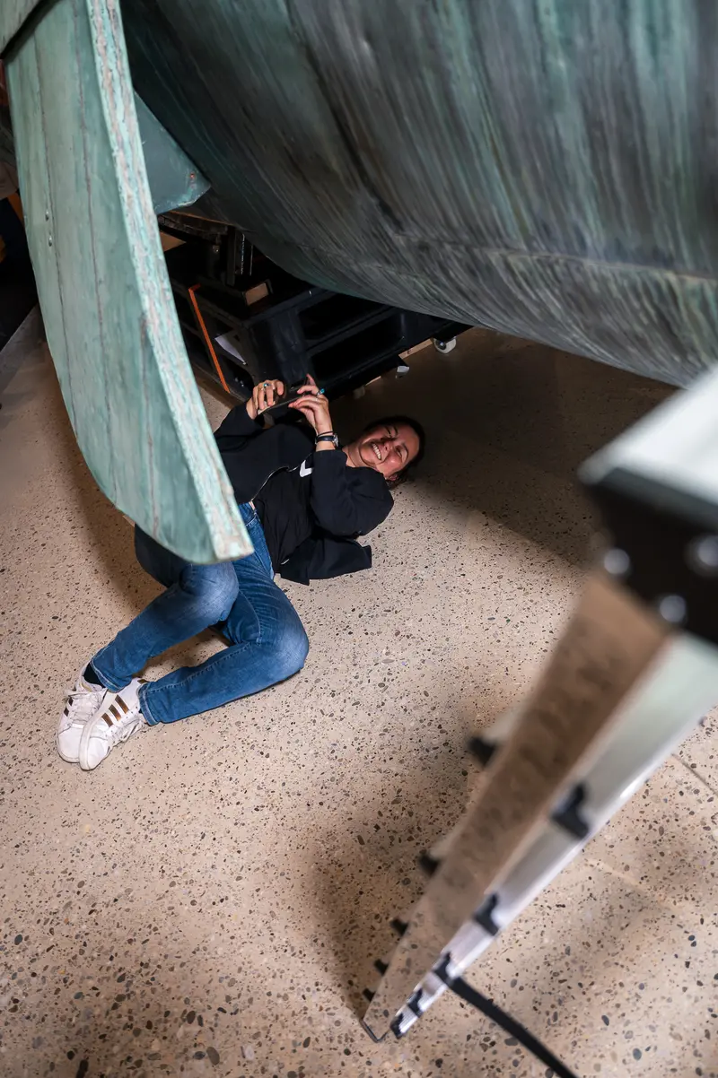 Industrial Climber's Rest Beneath Maria Benke's Copper Whale Sculpture at Wien Museum