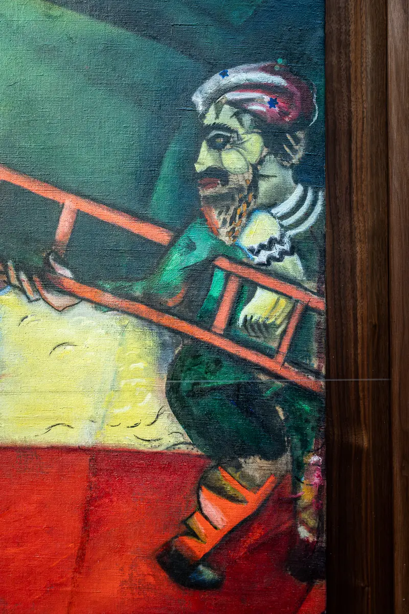 Chagall's Surreal Clown Performer Climbing Colorful Ladder in Dreamlike Scene