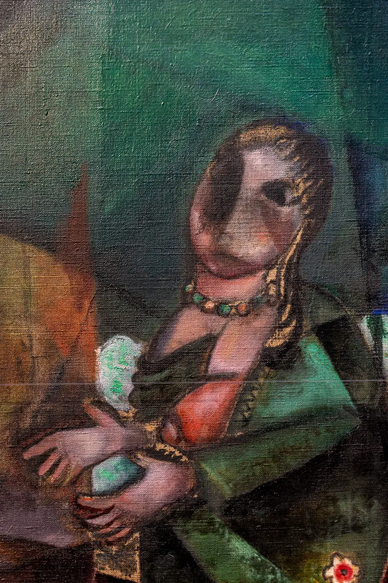 Expressionist Painting of a Figure in Green with Necklace and Distorted Form