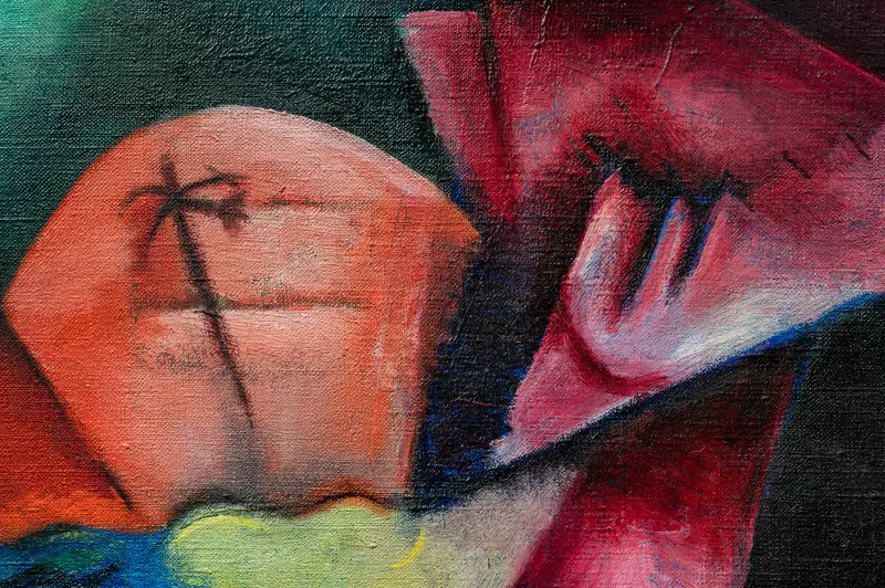 Abstract Expressionist Painting with Geometric Shapes and Vibrant Colors