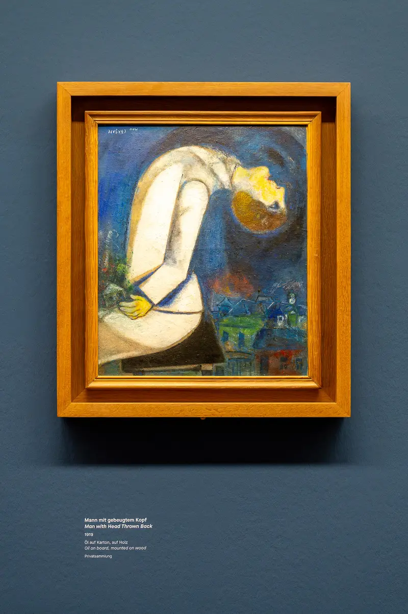 Marc Chagall's Surreal Blue Composition of Bent Figure and Landscape