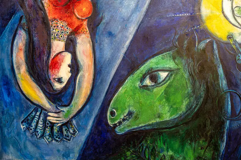 Surrealist Painting with Green Horse and Abstracted Figure in Blue