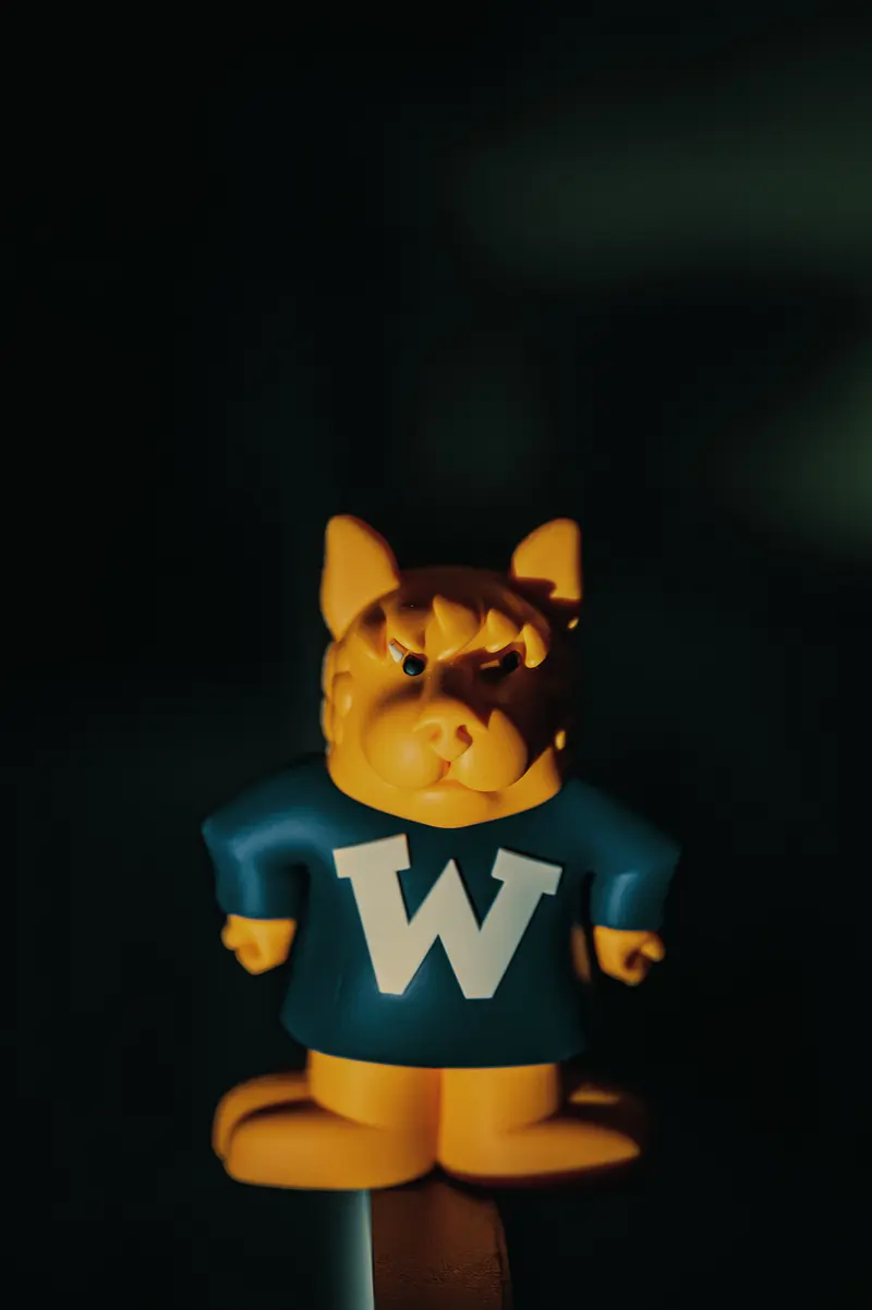 Webster University Mascot in Haunting Blue and Yellow Costume
