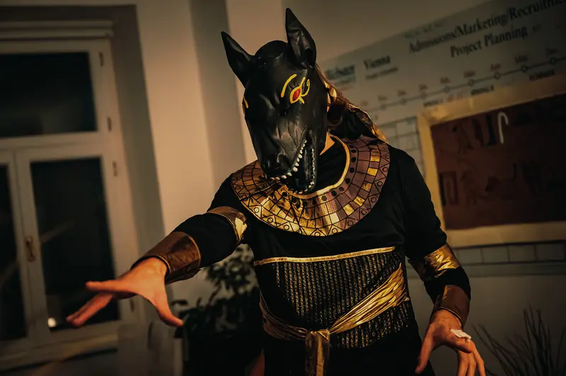 Anubis-Inspired Costumed Figure at Webster Haunted University Halloween Event