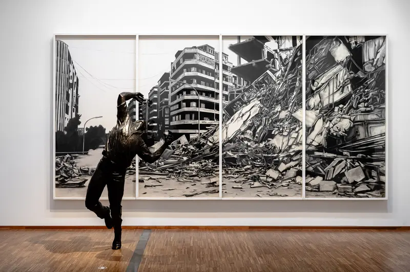 Robert Long Exhibition: Viewer Posing Before Architectural Destruction Panorama at Albertina Vienna