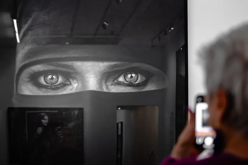 Intense Gaze Behind Niqab at Robert Long Exhibition, Albertina Vienna