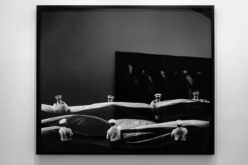 Robert Long Exhibition: Surreal Black and White Figures in Sculptural Arrangement