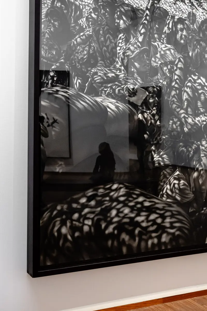 Shadowy Silhouette and Leaf-Patterned Shadows in Framed Gallery Exhibition