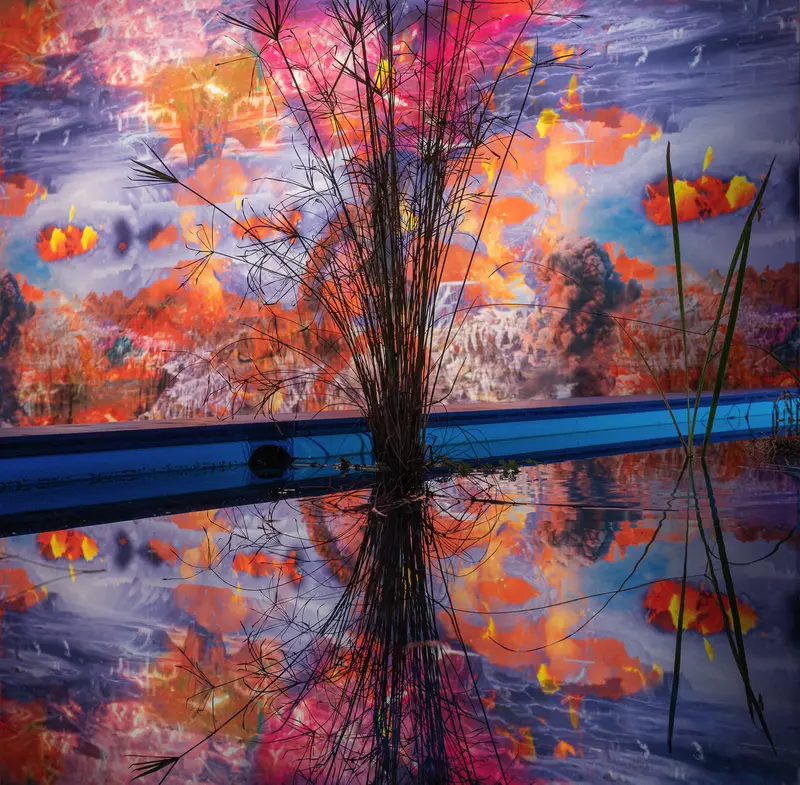 Surreal Reflective Landscape with Vibrant Autumn Colors and Mirrored Silhouettes