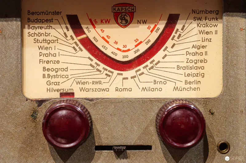 Vintage Kapsch Radio Dial Showing European Cities and Frequency Markers