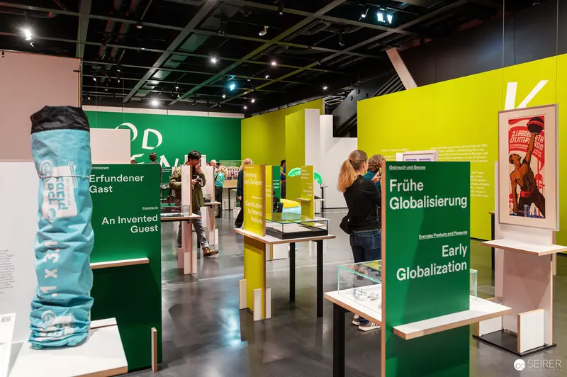 Wien Museum 'MIXED' Ausstellungseröffnung. Exhibition Display Zones with Green and Yellow Panels, Wien Museum 'Mixed' Exhibition