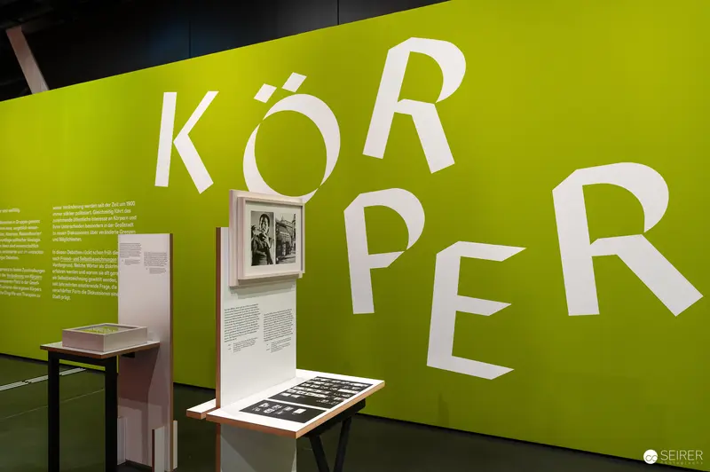 Wien Museum 'MIXED' Ausstellungseröffnung. Exhibition Wall Typography: "KÖRPER" Installation View at Wien Museum Mixed Exhibition