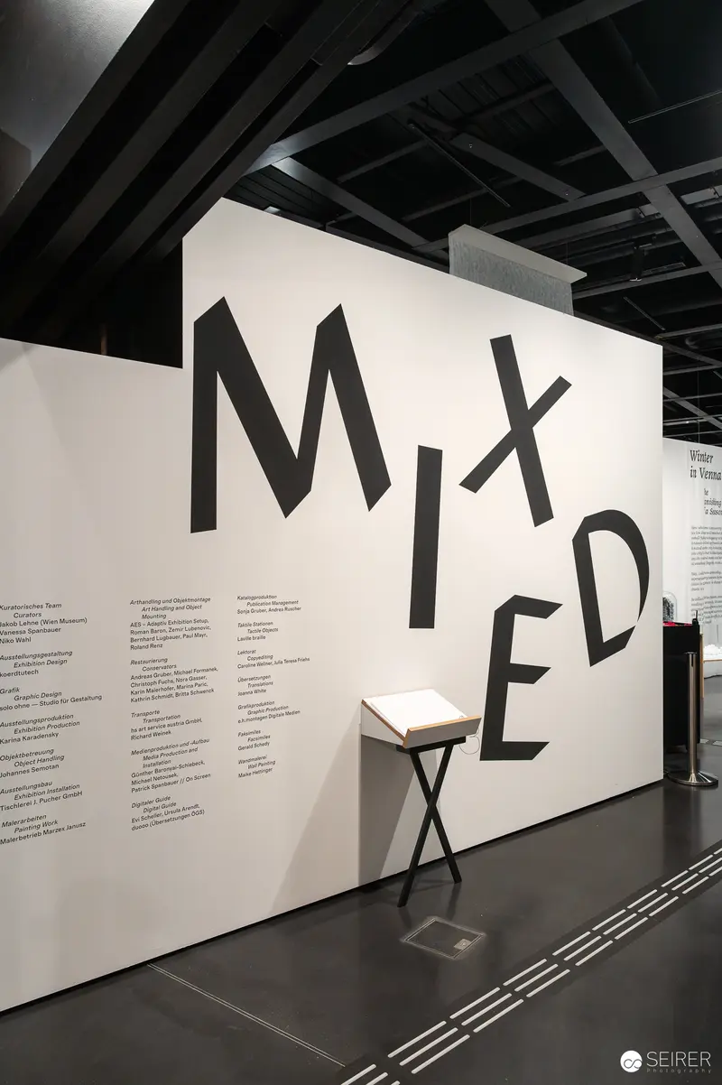 Wien Museum 'MIXED' Ausstellungseröffnung. Exhibition Wall Detail Showing "MIXED" Typography at Wien Museum