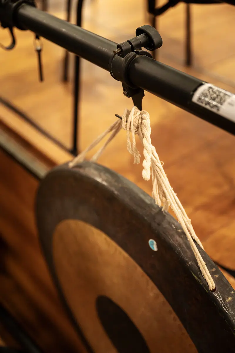 Vintage Gong Mounted on Stand with Fraying Rope Attachment