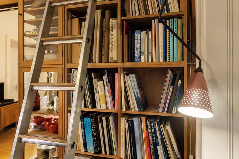 Wooden Bookshelf with Ladder at Elfie Semotan's Atelier During Foto Arsenal Event