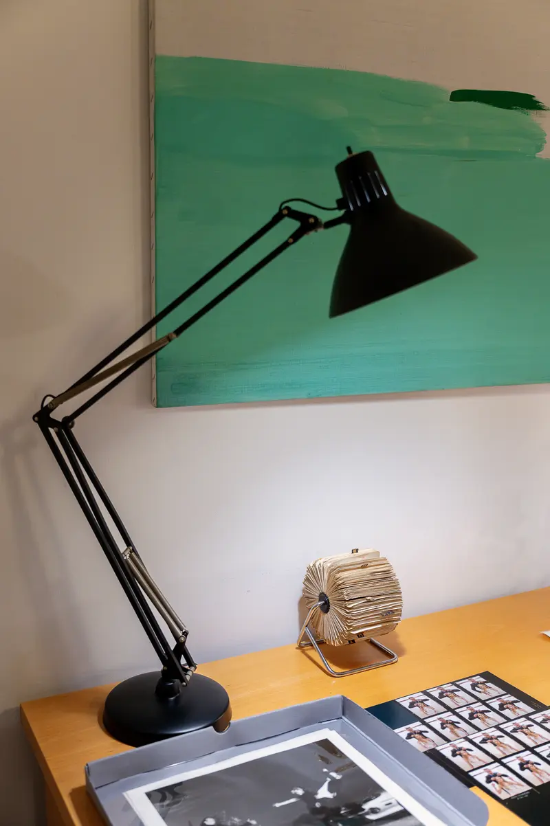 Architectural Desk with Articulating Lamp and Green Abstract Art