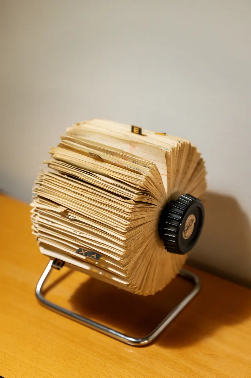 Vintage Rotary Card File Rolodex on Wooden Surface with Metal Stand