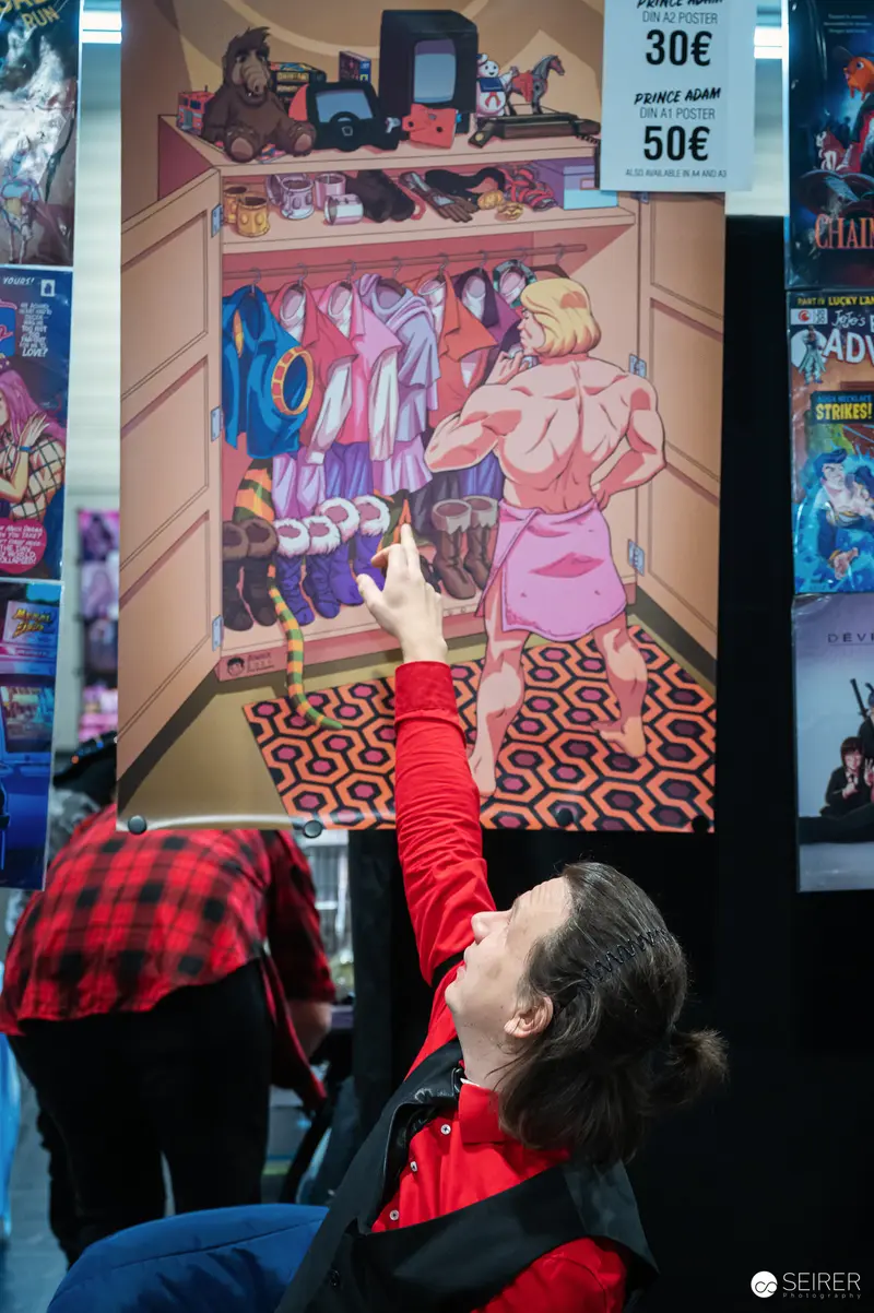 Art Gallery Visitor Studying Colorful Comic Book Exhibition Poster