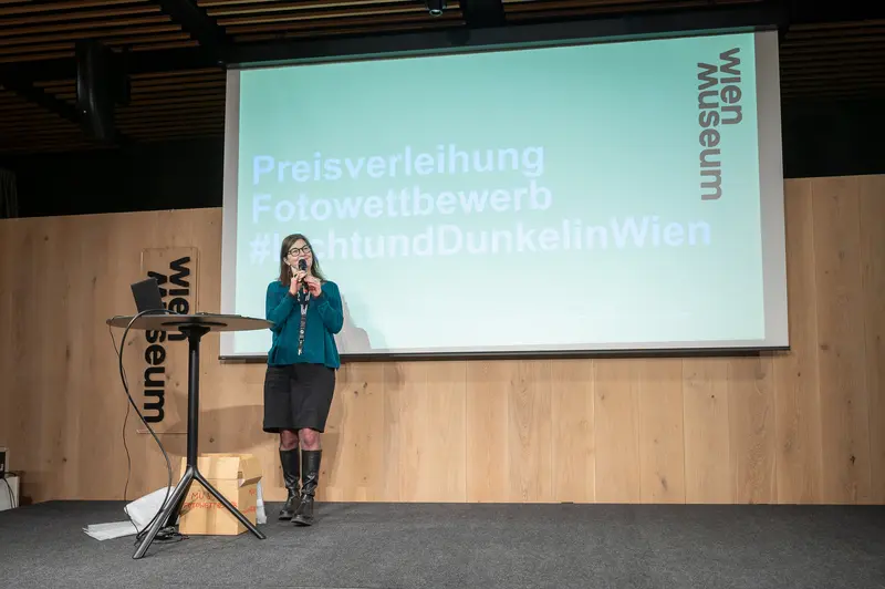 Presenter Speaking at Prize Awards Event at Wien Museum