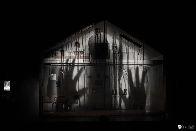 Shadowy Theatrical Stage with Ghostly Silhouettes in "Azur oder die Farbe von Wasser"