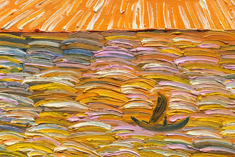 Vibrant Impasto Seascape with Solitary Boat Under Orange Sky