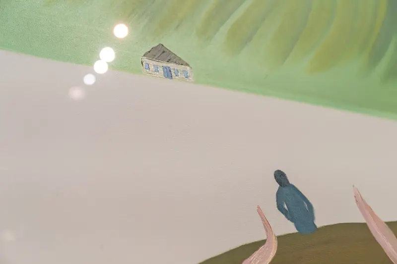 Solitary Figure Contemplating Distant House in Minimalist Landscape