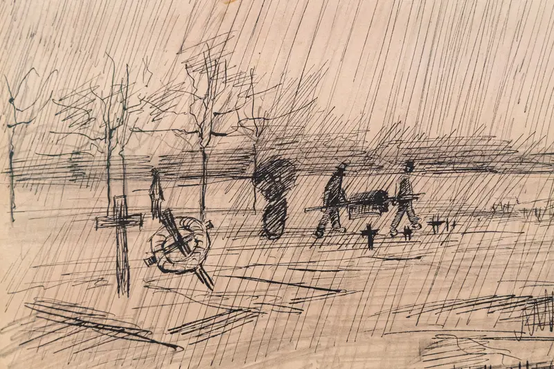Van Gogh Sketch: Rainy Street Scene with Pedestrians and Trees