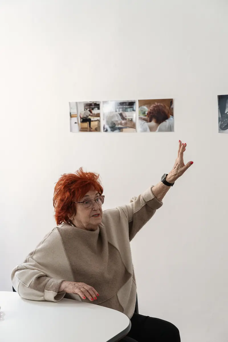 Valie Export Gesturing During Archival Conversation with Felix Hoffmann