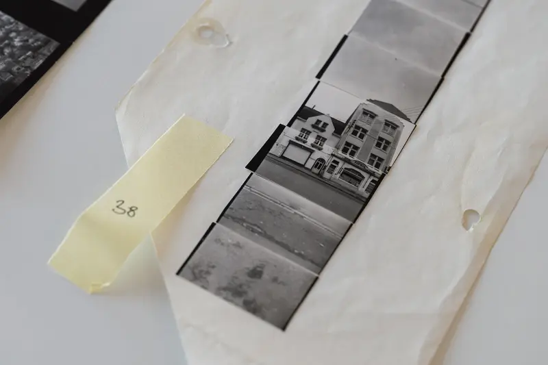 Archival Photographic Negative of Urban Building on Contact Sheet