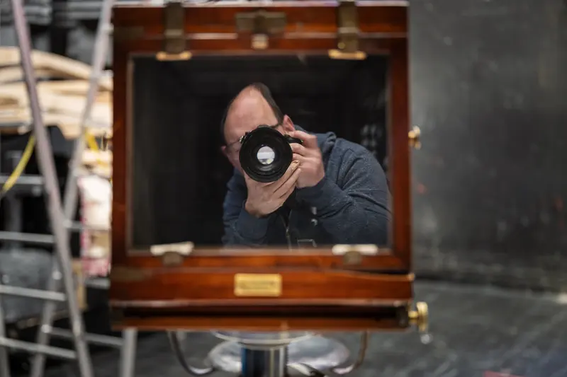 Vintage Large Format Camera Photographer Behind Wooden View Camera