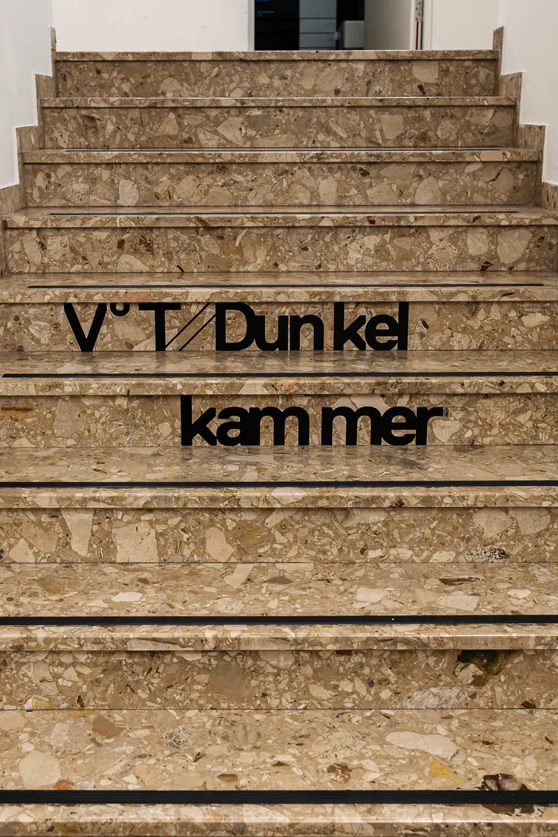 Worn Stone Stairs with 'VT Dunkel Kammer' Text at Volkstheater