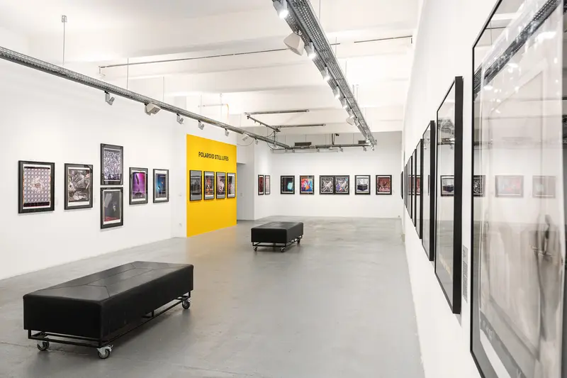 Contemporary Art Gallery Interior with Black Benches and Yellow Wall