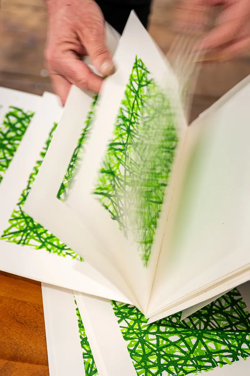 Intricate Green Thread Art Creating Layered Pattern in Open Book