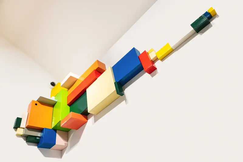 Geometric Abstract Sculpture Composed of Colorful Wooden Building Blocks