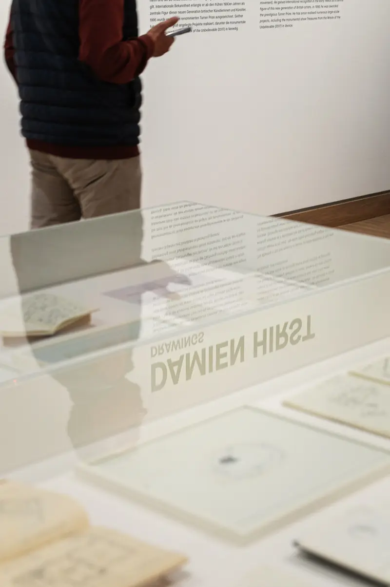Design Exhibition Display with Partially Obscured Text and Gallery Visitor