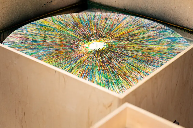 Multicolored Radial Paint Splatter Inside Wooden Box Art Piece
