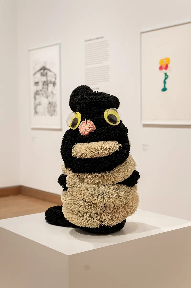 Plush Black and Beige Textured Sculpture on Gallery Pedestal