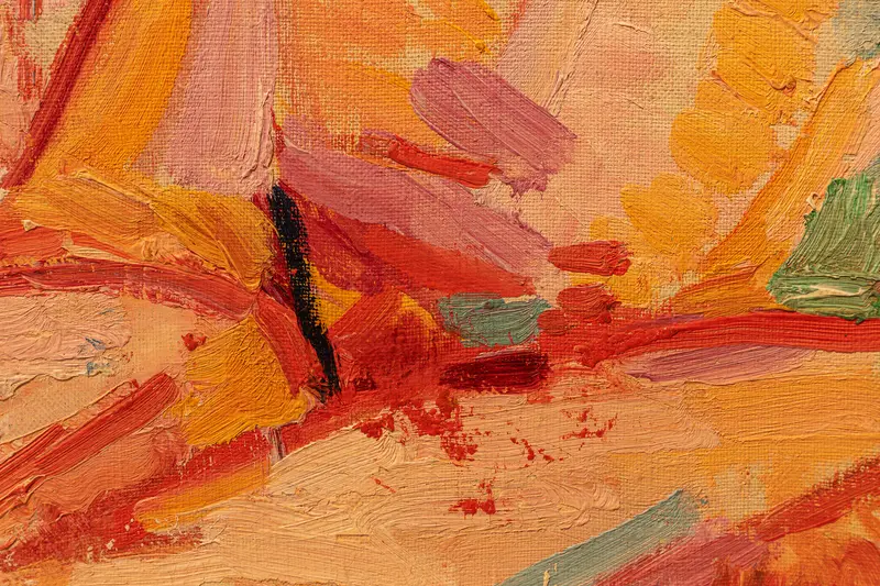 Abstract Expressionist Oil Painting in Warm Orange and Red Tones