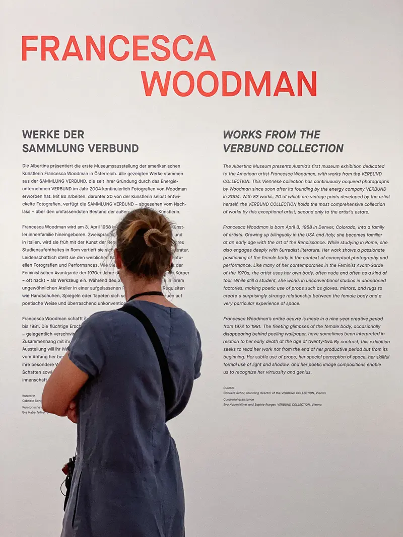 Francesca Woodman Exhibition Visitor Reading Wall Text at Albertina Museum