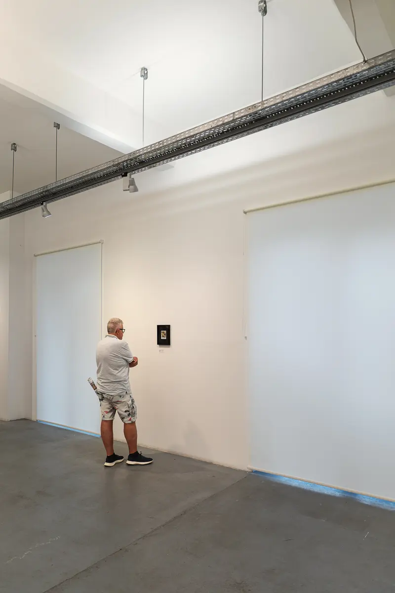 Solitary Viewer Examining Artwork in Minimalist Gallery Space