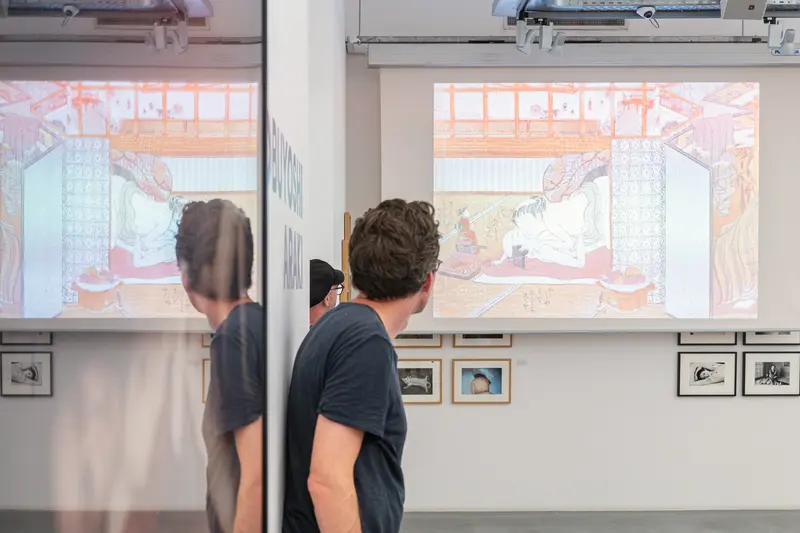 Exhibition Visitor Views Araki Artwork at Ostlicht Gallery Installation