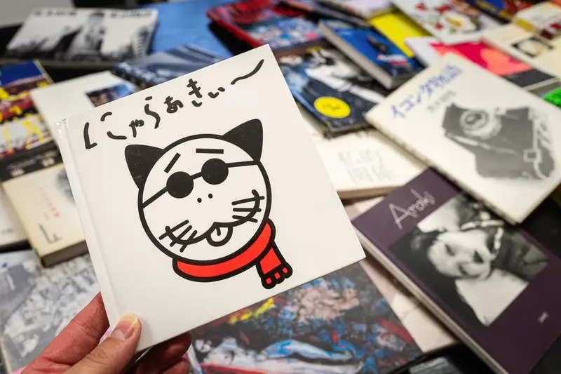 Quirky Cat Illustration on Book Display at Photography Exhibition