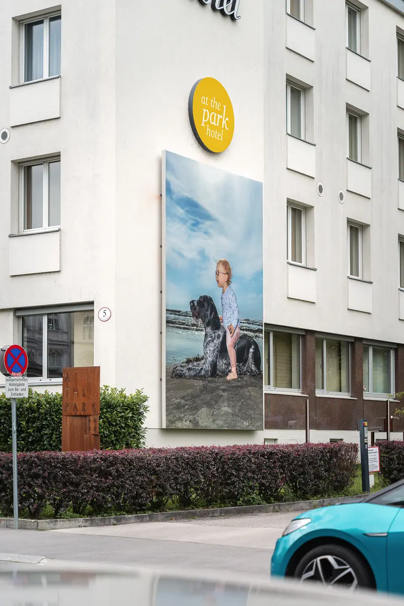 Street Art Billboard Featuring Large Photographic Portrait in Urban Setting