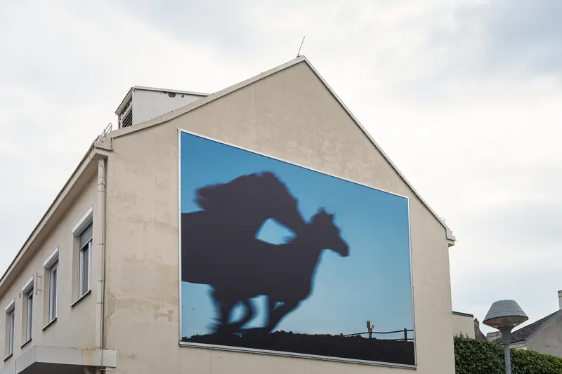 Horse Racing Shadow Projection on Building Wall in Blue Sky